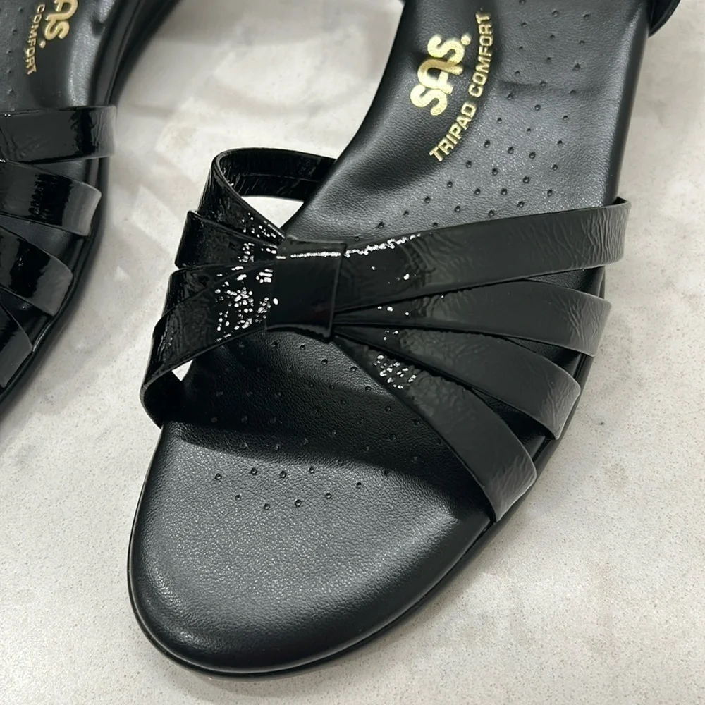 SAS Strippy Quarter Strap Wedge Sandal Women's Stylish Black Patent Size 9